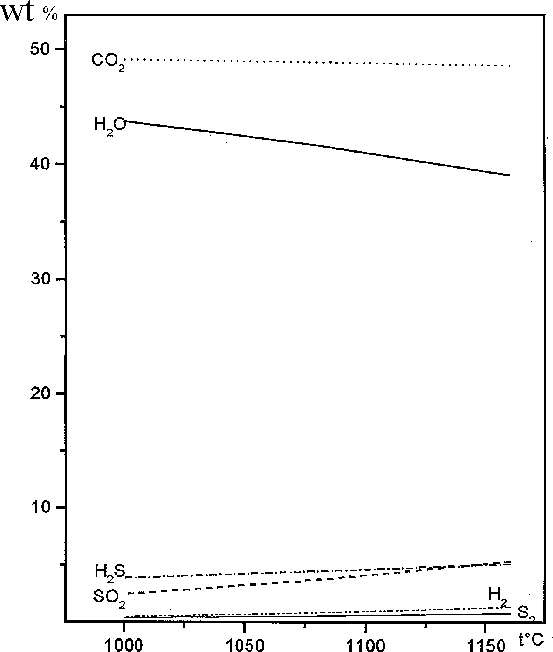 The gas phase composition wt in the system''pyrrhotite H2O CO2'' vs